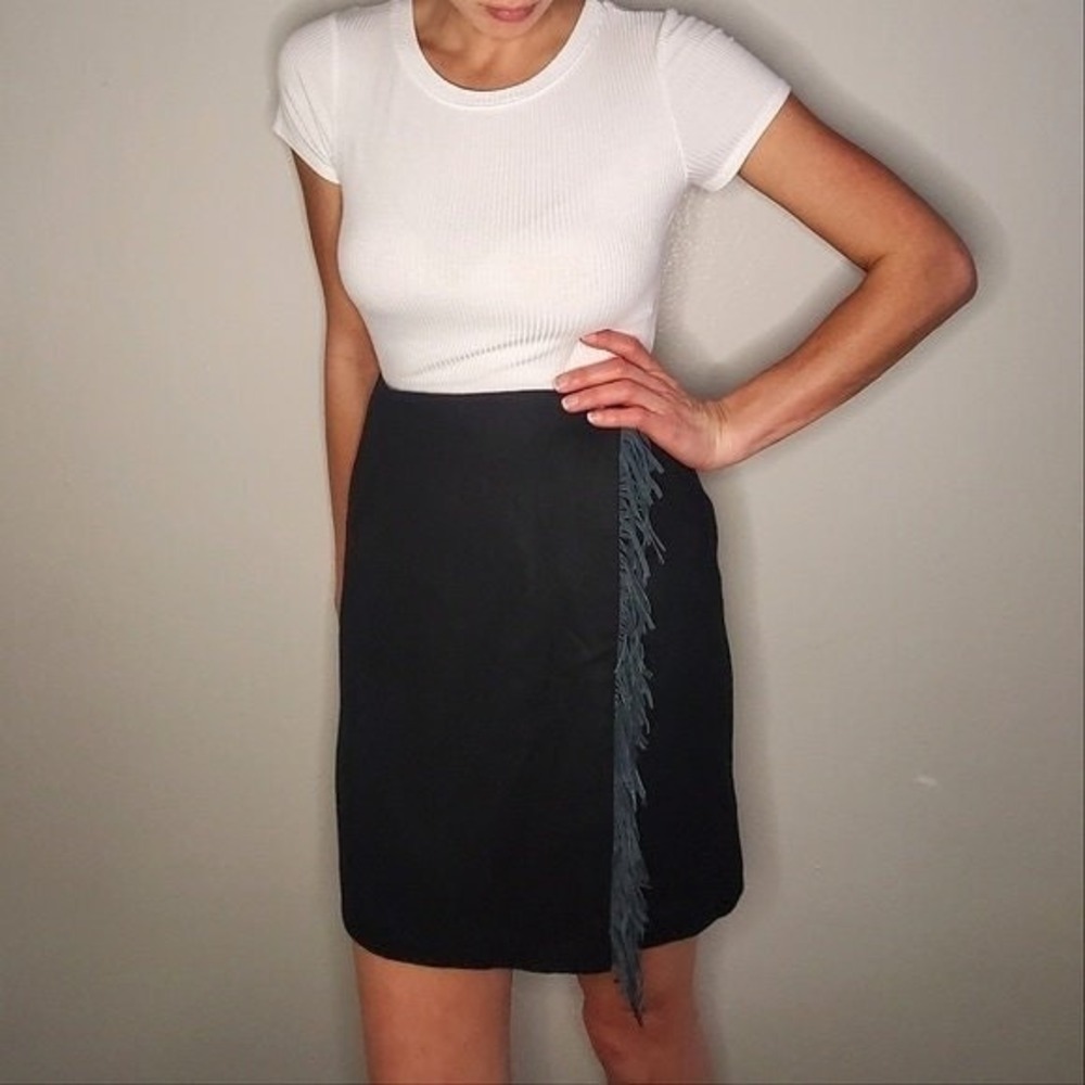 Vintage Black Fringe Trim Skirt Stanley Blacker Wool VTG 90s Boho Western Wrap S